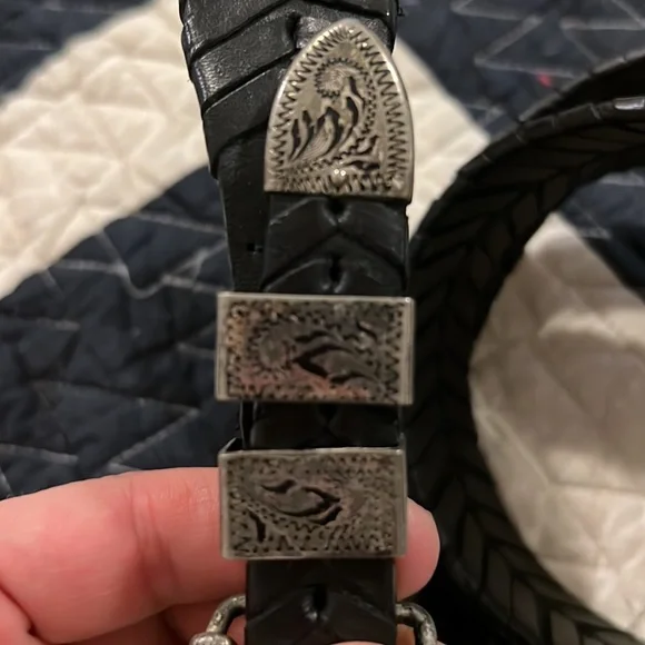 Vintage German Silver & Silver plated buckleblack Mexico leather braided belt